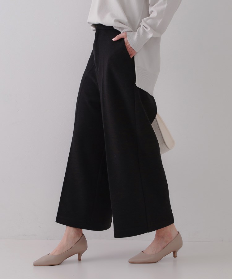 ウールライクストレッチ ワイドクロップドパンツ【洗濯機洗い可 ウールライクストレッチ ワイドクロップドパンツ【洗濯機洗い可