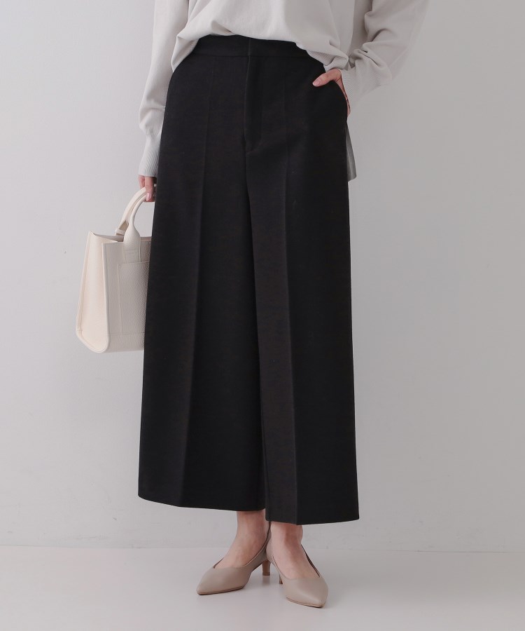 ウールライクストレッチ ワイドクロップドパンツ【洗濯機洗い可