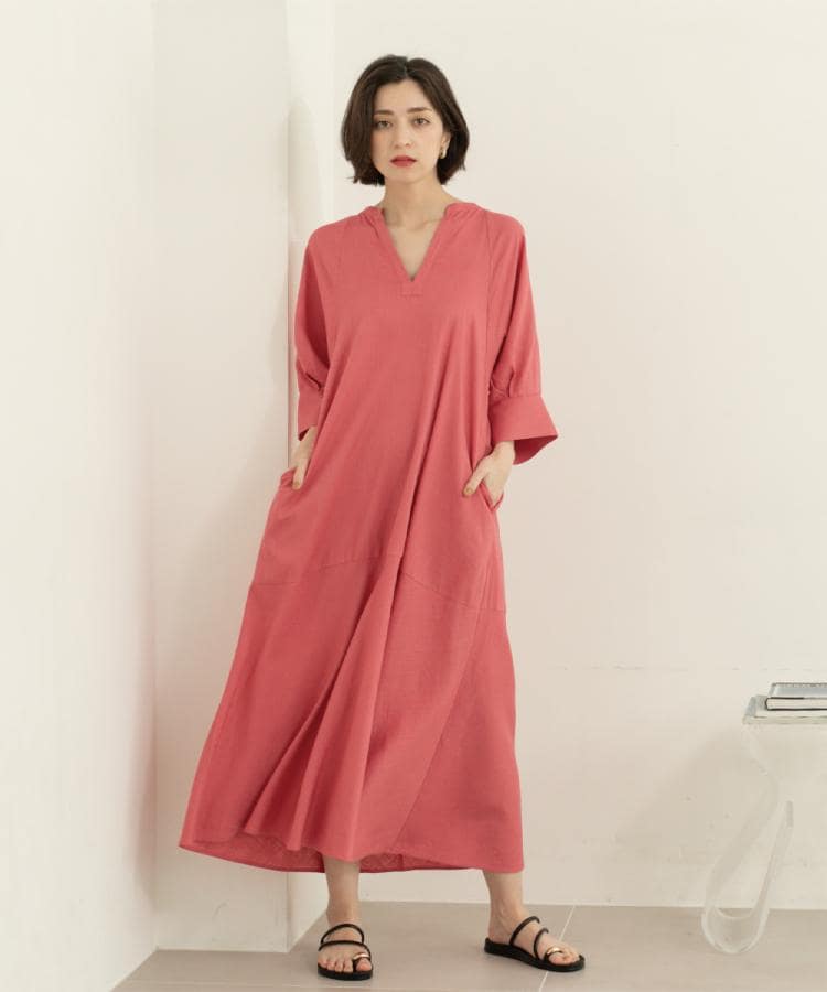 キーネックワンピース【洗える】(マキシ・ロングワンピース キーネックワンピース【洗える】(マキシ・ロングワンピース