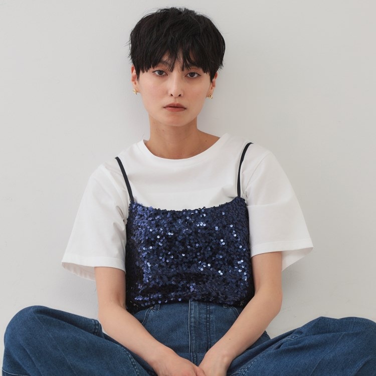 オペークドットクリップ(OPAQUE.CLIP)の《ツインセット》スパンコールキャミ×Tシャツ【洗濯機洗い可】 トップス＋インナーセット