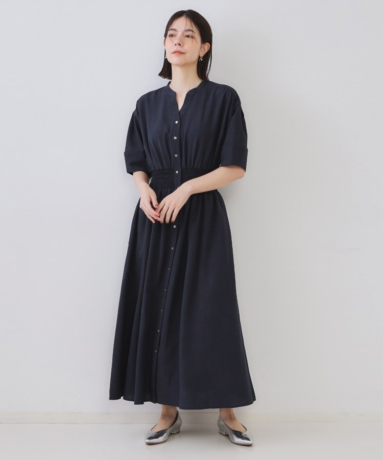 ★M&S Collection リネンリッチスクエアネック 淑女ワンピ★ リネンライクスキッパーフィット&フレアワンピース【洗濯機洗い
