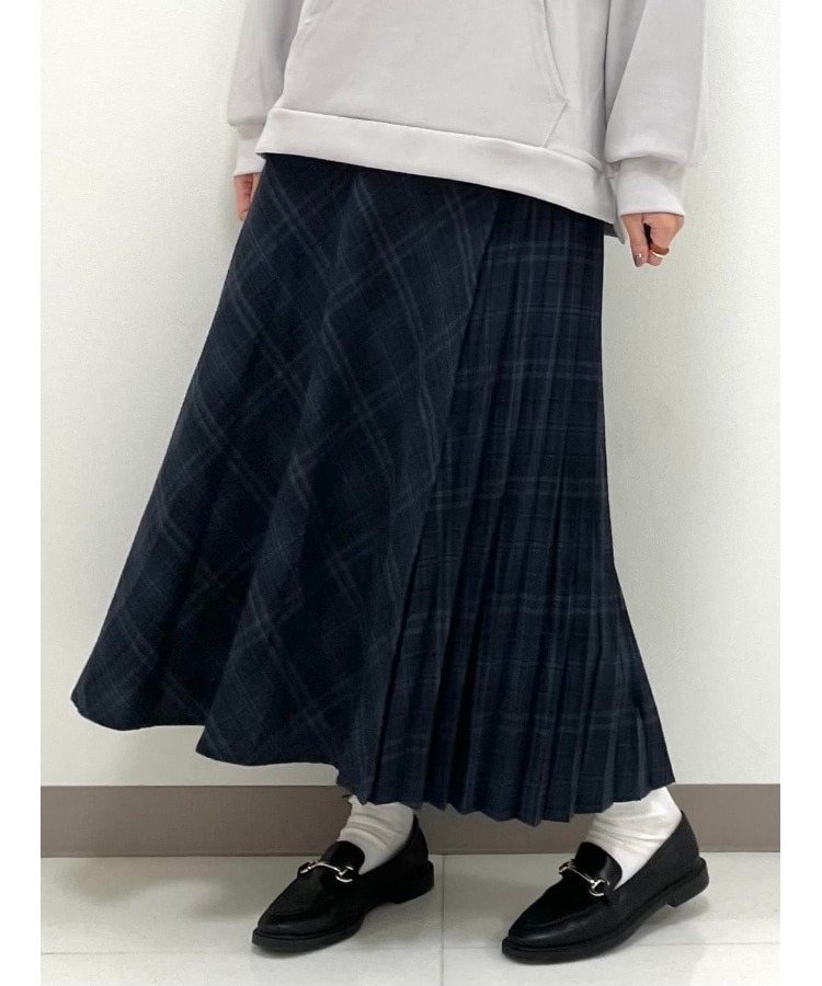 ラップ風サイドプリ－ツチェック柄スカート（マキシ・ロングスカート