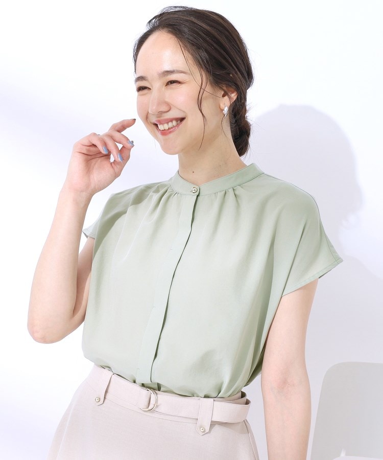 シューラルー/ドレスキップ(SHOO・LA・RUE/DRESKIP)の【洗える/UV】無理せずキレイ 着まわししやすい 大人のバンドカラーブラウス ミントグリーン(021)