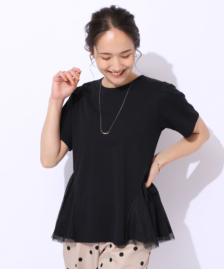 シューラルー/ドレスキップ(SHOO・LA・RUE/DRESKIP)の【自然にウエストカバー】インせず決まる サイドチュール切替Tシャツ ブラック(019)