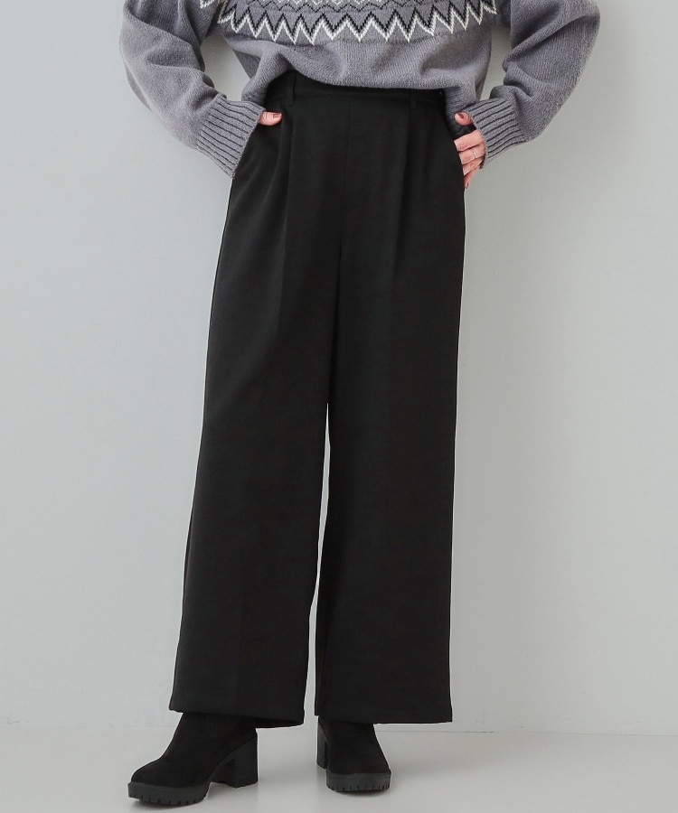 シューラルー/ドレスキップ(SHOO・LA・RUE/DRESKIP)の【高レビュー/洗える】大人のきれいめスタイルに ウールフィールワイドパンツ ブラック(019)