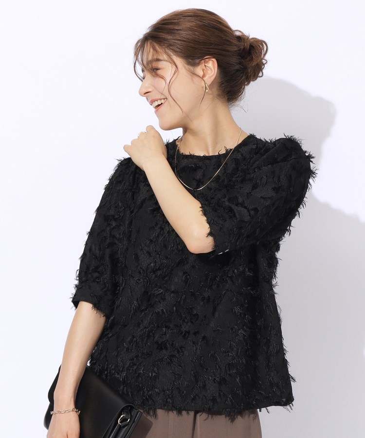 シューラルー/ドレスキップ(SHOO・LA・RUE/DRESKIP)の【洗える】上品な甘さ フリンジ ジャカード5分袖ブラウス ブラック(019)