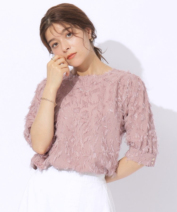 シューラルー/ドレスキップ(SHOO・LA・RUE/DRESKIP)の【洗える】上品な甘さ フリンジ ジャカード5分袖ブラウス ピンク(072)