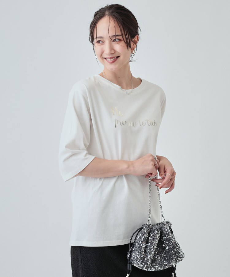 シューラルー/ドレスキップ(SHOO・LA・RUE/DRESKIP)の【UV】二の腕カバーにも USAコットンロゴTシャツ オフホワイト(003)