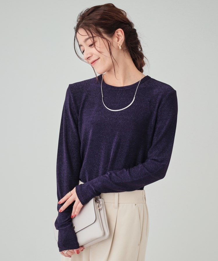 シューラルー/ドレスキップ(SHOO・LA・RUE/DRESKIP)のラメクルーネックロングTシャツ パープル(083)
