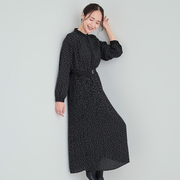 シューラルー/ドレスキップ(SHOO・LA・RUE/DRESKIP)の【S-LL】大人のシックなドット柄 バンドカラープリーツワンピース ミドルワンピース