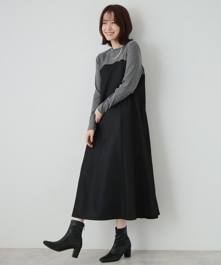 シューラルー/ドレスキップ(SHOO・LA・RUE/DRESKIP)の【S-LL】楽して好印象 大人のための 異素材ドッキングフレアワンピース ブラック(519)