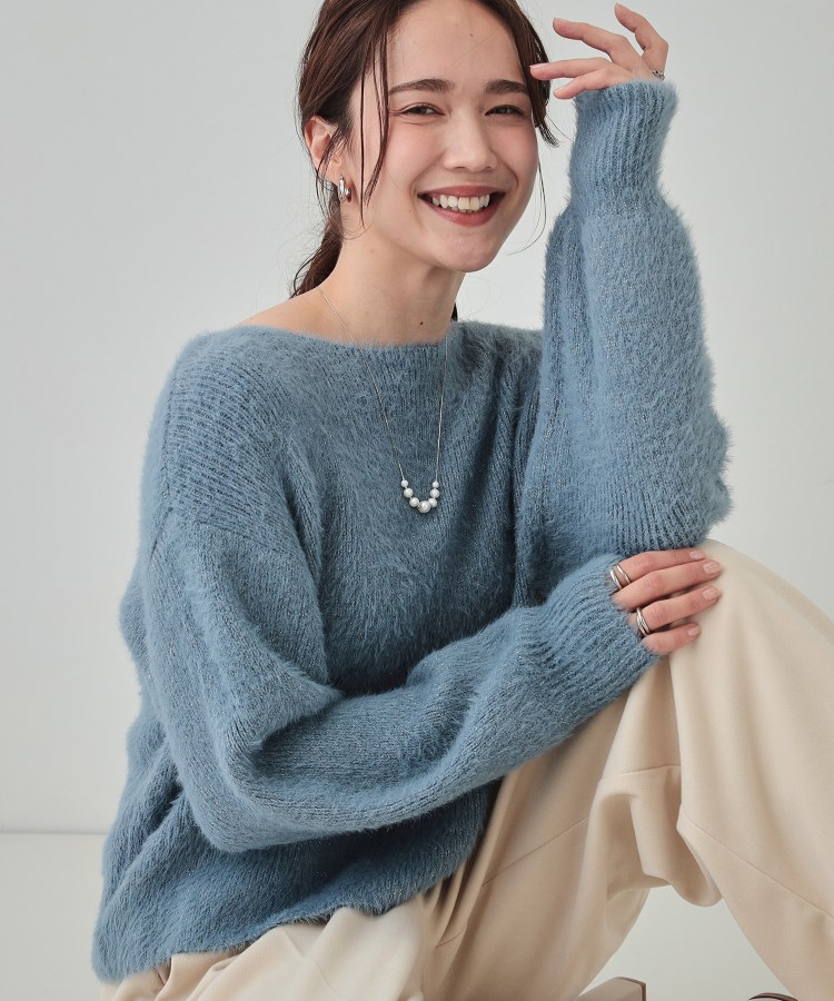 S-LL】大人上品な ラメフェザー ボートネックニット(ニット S-LL】大人上品な ラメフェザー ボートネックニット(ニット
