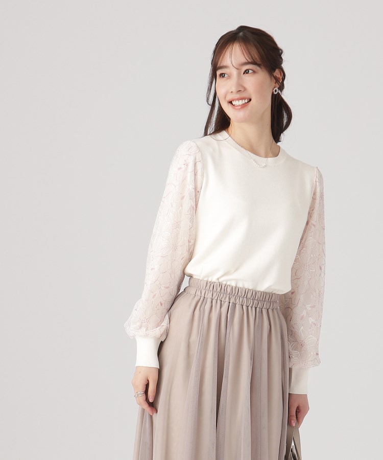 M-LL】上品に華やぐ ふんわりお袖レース ドッキングニット M-LL】上品に華やぐ ふんわりお袖レース ドッキングニット