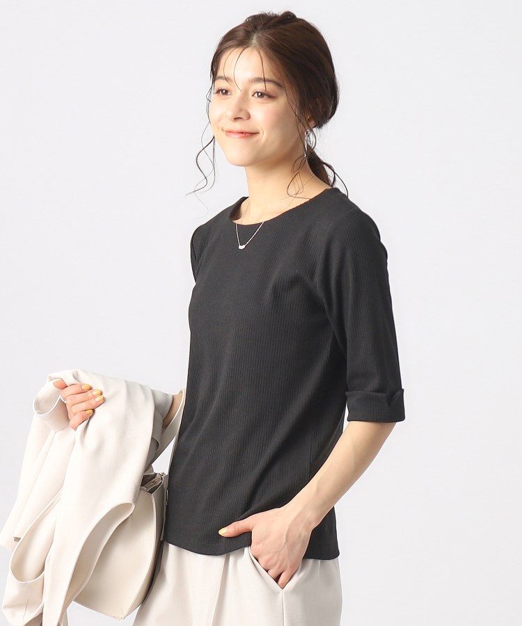 シューラルー/ドレスキップ(SHOO・LA・RUE/DRESKIP)の一枚でもレイヤードでも お袖ロールアップ5分袖Tシャツ ブラック(019)