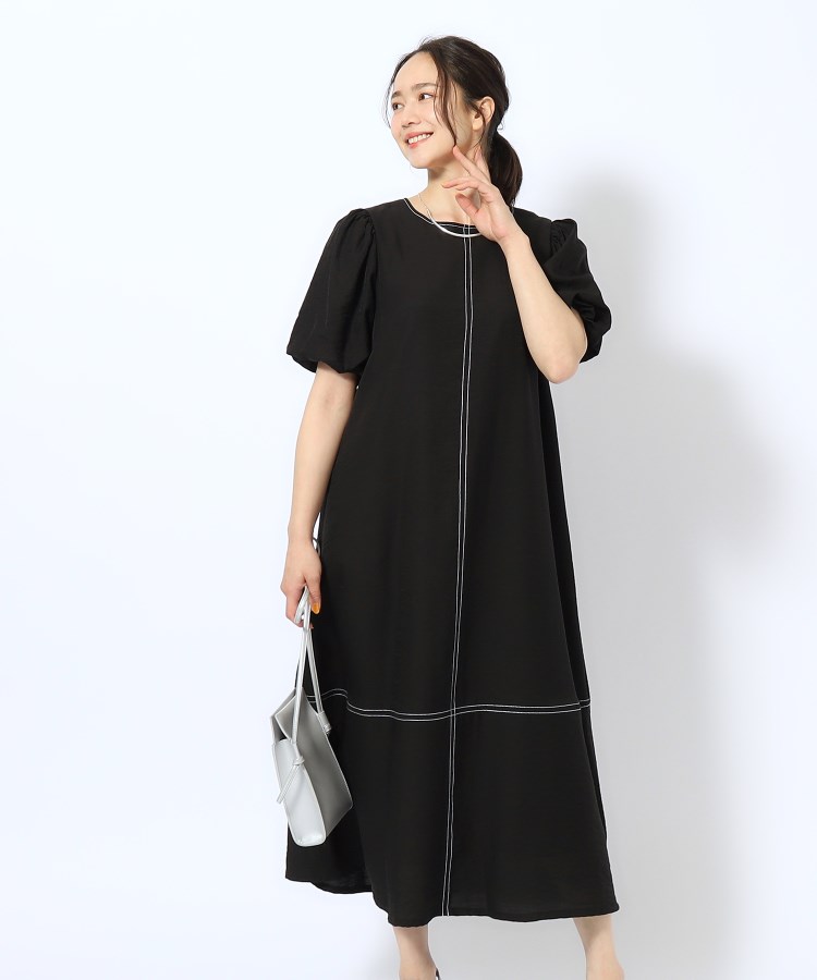 配色ステッチ バルーン袖マキシワンピース（マキシ・ロング