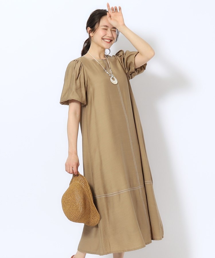シューラルー/ドレスキップ(SHOO・LA・RUE/DRESKIP)の配色ステッチ バルーン袖マキシワンピース オーク(034)