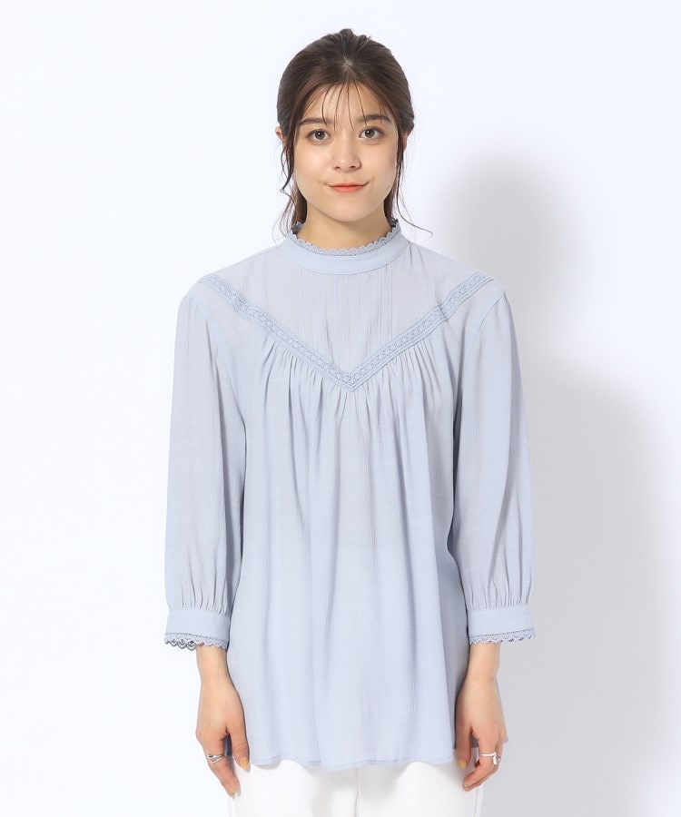 【メーカー公式ショップ】 無理せずキレイ/7分袖】大人フェミニン レース スタンドカラー トップス