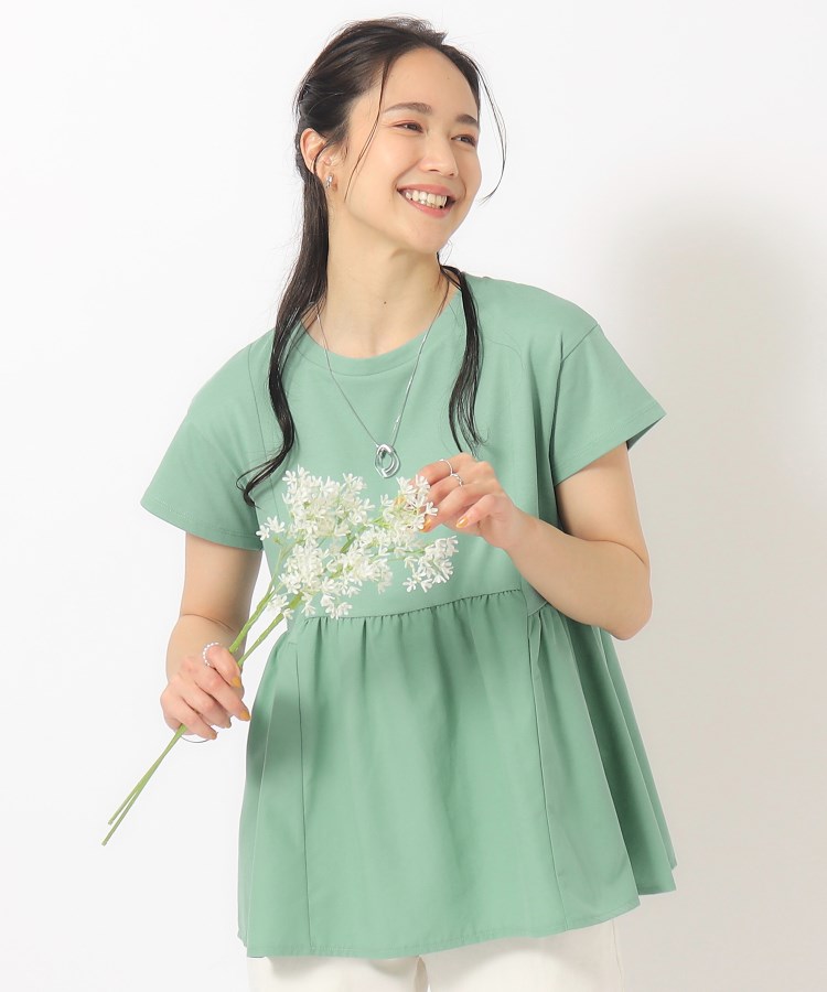 シューラルー/ドレスキップ(SHOO・LA・RUE/DRESKIP)の【UV】 ほんのり甘い 異素材ペプラムトップス グリーン(022)