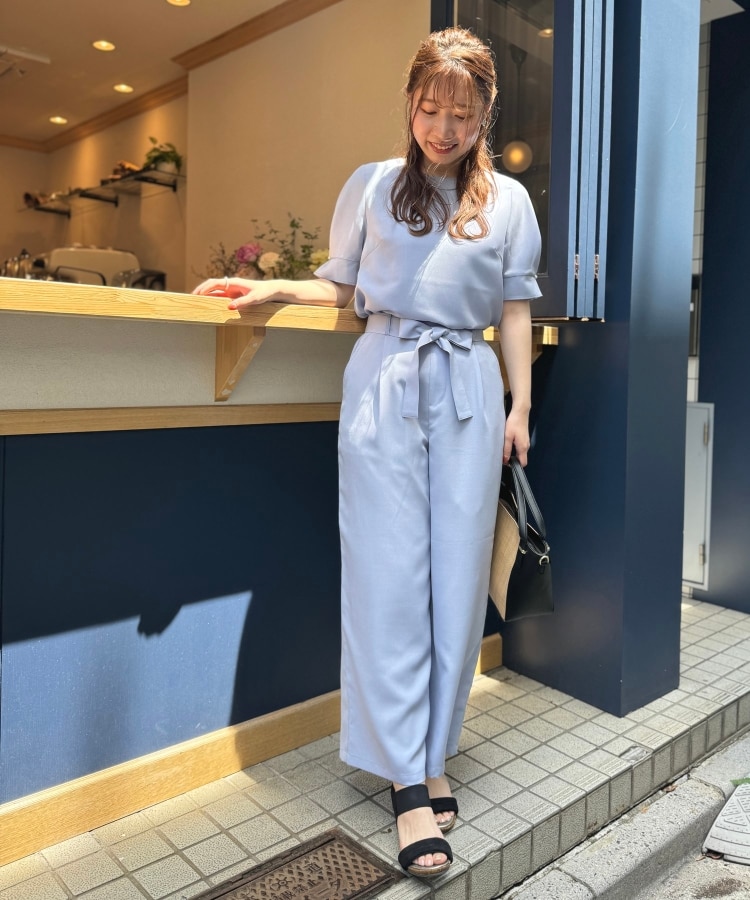 セットアップ可/イージーケア】麻調共紐ベルト付 ワイドパンツ セットアップ可/イージーケア】麻調共紐ベルト付 ワイドパンツ