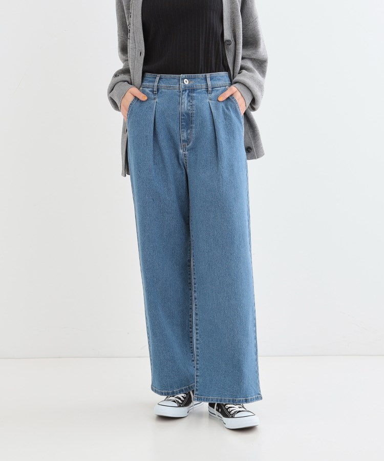 S-LL】後ろウエストゴムが楽 大人のタックワイド デニムパンツ S-LL】後ろウエストゴムが楽 大人のタックワイド デニムパンツ