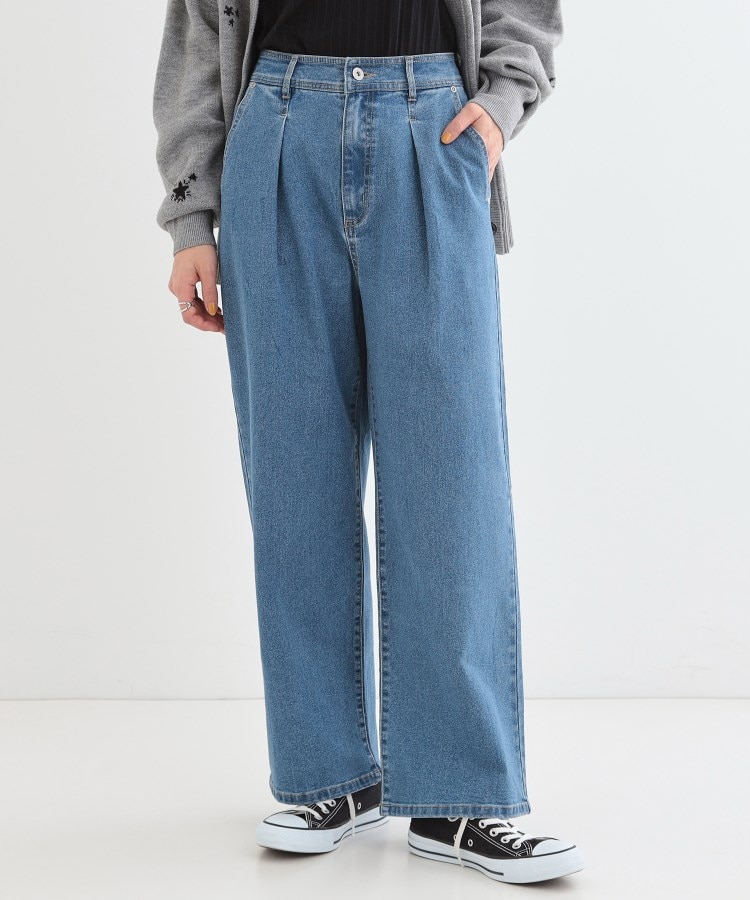 S-LL】後ろウエストゴムが楽 大人のタックワイド デニムパンツ S-LL】後ろウエストゴムが楽 大人のタックワイド デニムパンツ