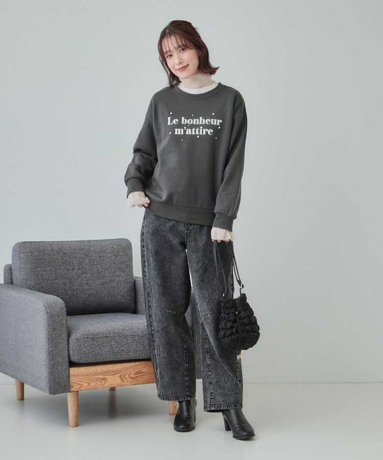 S-LL】フェイクパール付きロゴ裏起毛トップス(カットソー S-LL】フェイクパール付きロゴ裏起毛トップス(カットソー