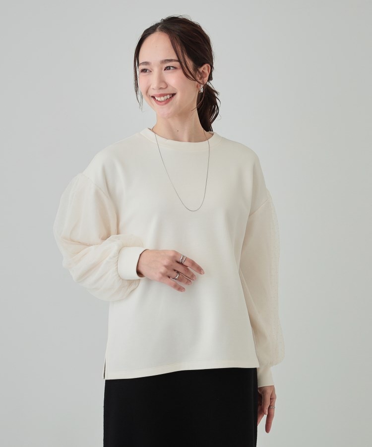S-LL】お袖ドットチュール切り替えトップス(カットソー S-LL】お袖ドットチュール切り替えトップス(カットソー