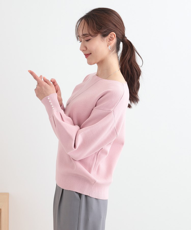 洗える/S-LL】大人上品 お袖パール調ボタン付き ボートネック 洗える/S-LL】大人上品 お袖パール調ボタン付き ボートネック