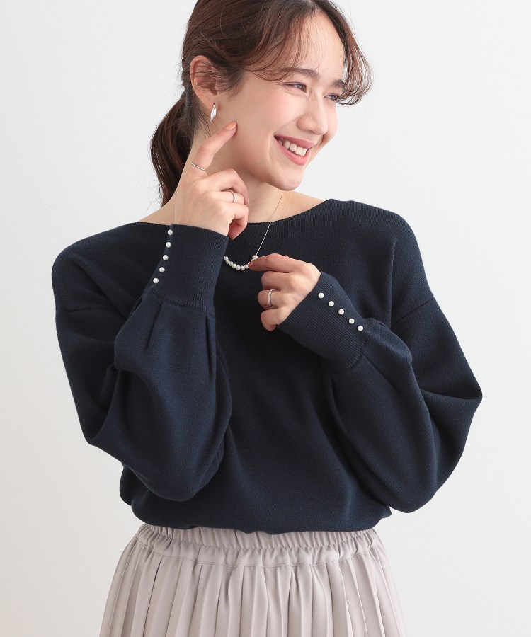 洗える/S-LL】大人上品 お袖パール調ボタン付き ボートネック