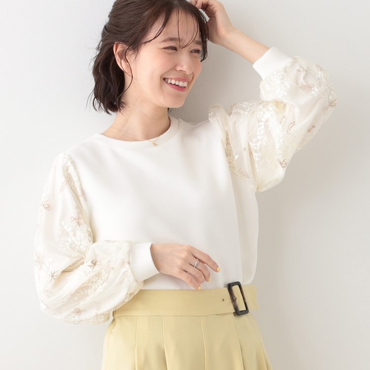 シューラルー/ドレスキップ(SHOO・LA・RUE/DRESKIP)の大人上品 お袖チュール刺繍 切替トップス カットソー