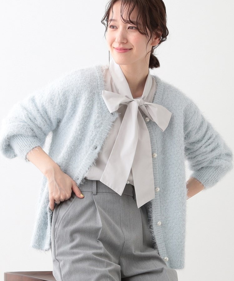 シューラルー/ドレスキップ(SHOO・LA・RUE/DRESKIP)の【S-LL】ラメフェザー柄編みカーディガン サックスブルー(090)