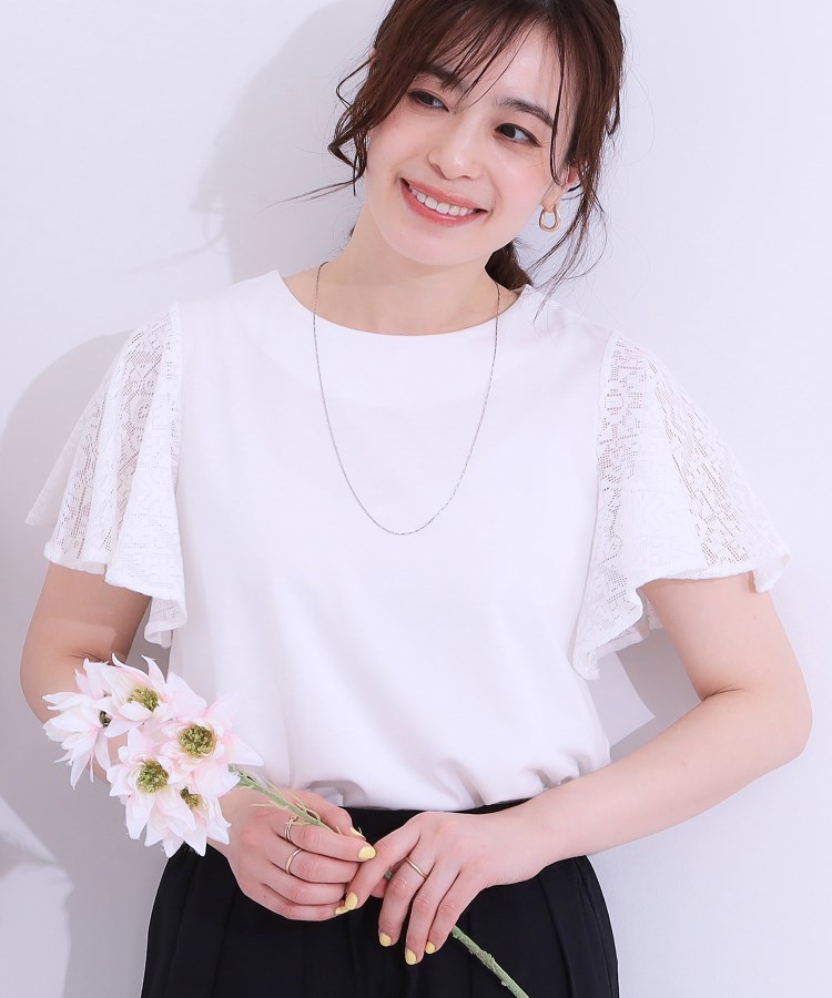 シューラルー/ドレスキップ(SHOO・LA・RUE/DRESKIP)の【S-LL】大人の上品コーデに お袖レース切り替えトップス オフホワイト(003)