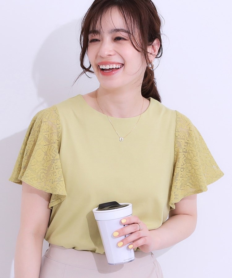 シューラルー/ドレスキップ(SHOO・LA・RUE/DRESKIP)の【S-LL】大人の上品コーデに お袖レース切り替えトップス イエローグリーン(025)