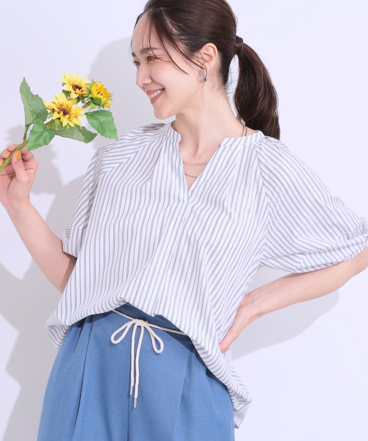 シューラルー/ドレスキップ(SHOO・LA・RUE/DRESKIP)の【洗える/S-LL】洗濯後しわになりにくい 5分袖スキッパーブラウス オフホワイト(303)