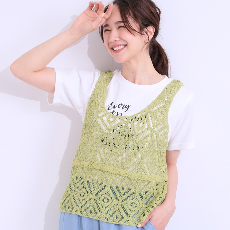 シューラルー/ドレスキップ(SHOO・LA・RUE/DRESKIP)の【S-LL/2点セット】大人カジュアルに レースビスチェ+プリントTシャツ トップス＋インナーセット
