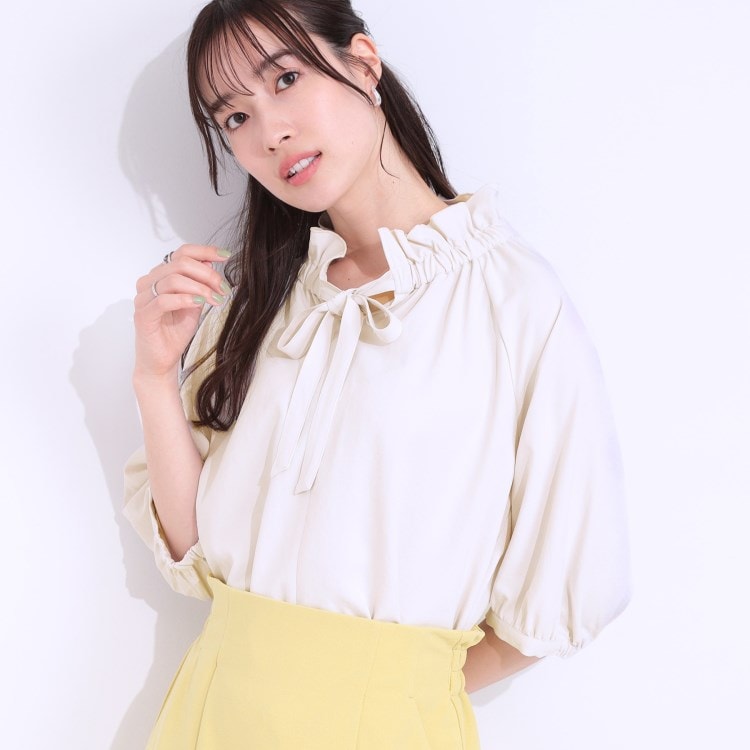 シューラルー/ドレスキップ(SHOO・LA・RUE/DRESKIP)の【洗える/接触冷感/S-LL】フェミニンもクールも フリルリボン5分袖ブラウス シャツ・ブラウス