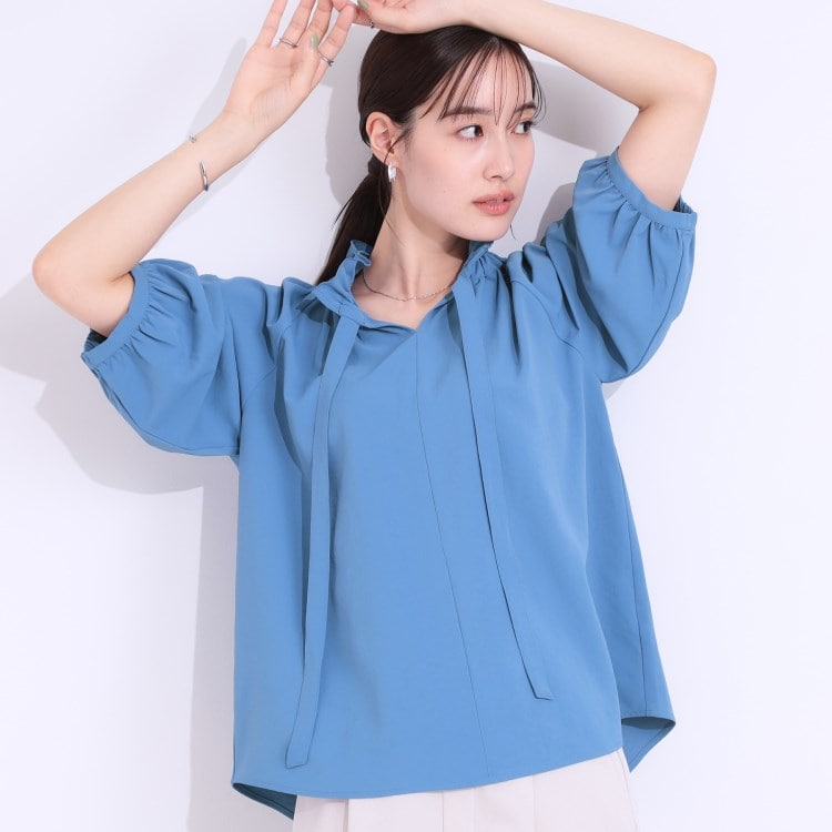 シューラルー/ドレスキップ(SHOO・LA・RUE/DRESKIP)の【洗える/接触冷感/S-LL】フェミニンもクールも フリルリボン5分袖ブラウス シャツ・ブラウス