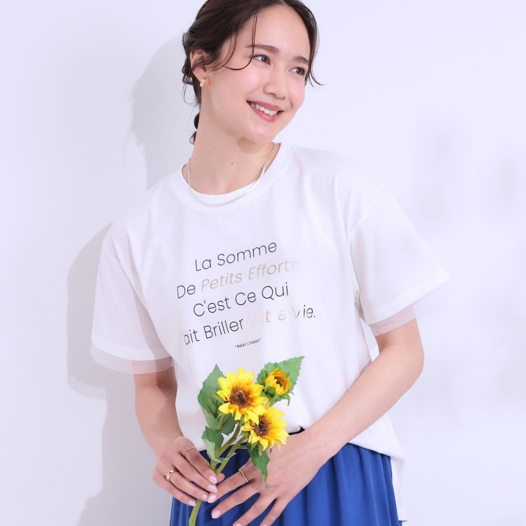 シューラルー/ドレスキップ(SHOO・LA・RUE/DRESKIP)の【S-LL/接触冷感/UVカット】選べる3柄 お袖チュールで差をつける ロゴプリントTシャツ Ｔシャツ