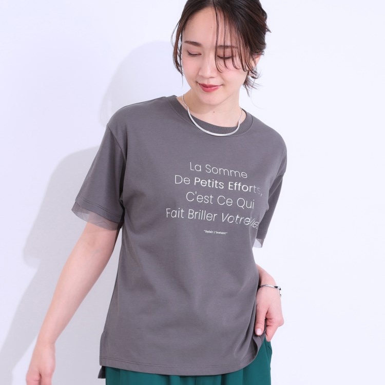 シューラルー/ドレスキップ(SHOO・LA・RUE/DRESKIP)の【S-LL/接触冷感/UVカット】選べる3柄 お袖チュールで差をつける ロゴプリントTシャツ Ｔシャツ