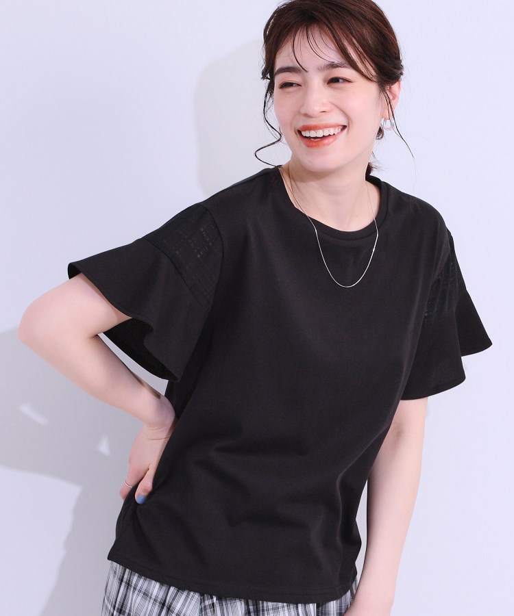 シューラルー/ドレスキップ(SHOO・LA・RUE/DRESKIP)の【S-LL/ひんやり/プチプラ】女性らしさ溢れる お袖シアーフリルトップス ブラック(019)