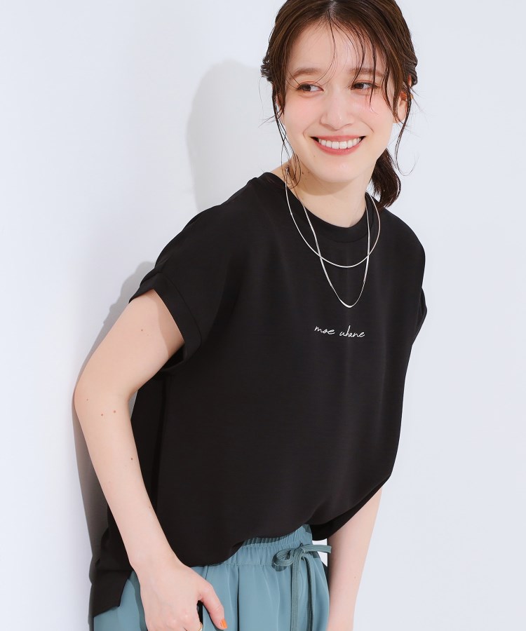 シューラルー/ドレスキップ(SHOO・LA・RUE/DRESKIP)の【S-LL/ひんやり/洗濯後しわになりにくい】程よいシアー感 ロゴTシャツブラウス ブラック(019)
