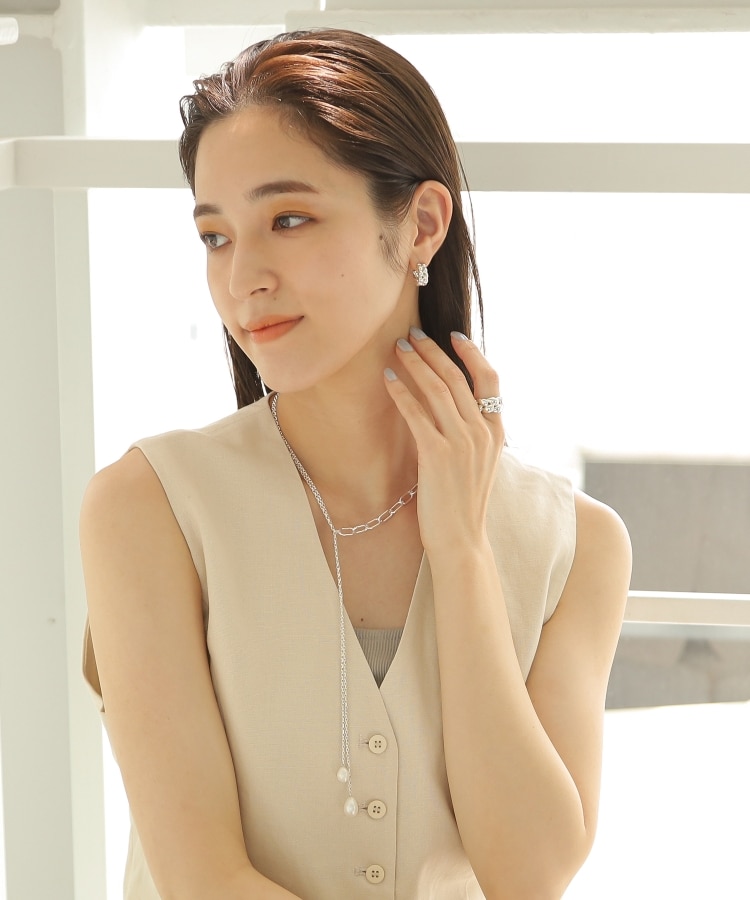 【WEB限定】バロックパール ミックスチェーン ダブルドロップ ネックレス(シルバー)