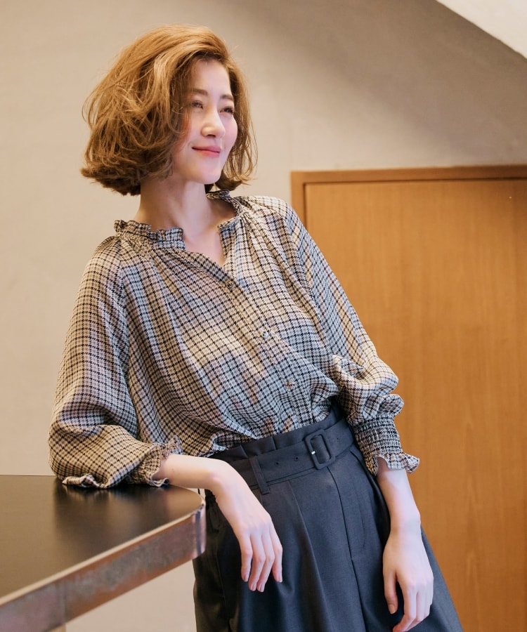 チェックアソートドビー袖プリーツブラウス(シャツ・ブラウス チェックアソートドビー袖プリーツブラウス(シャツ・ブラウス