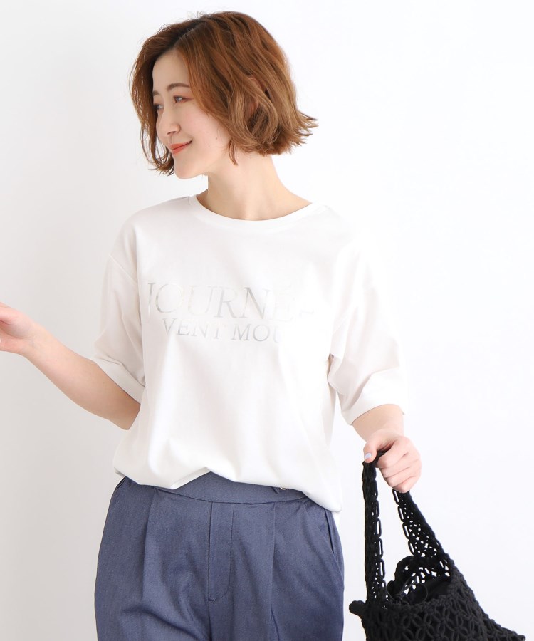 グローブ(grove)の【洗える／UVカット／接触冷感】5分袖ロゴTシャツ オフ×シルバー箔(103)