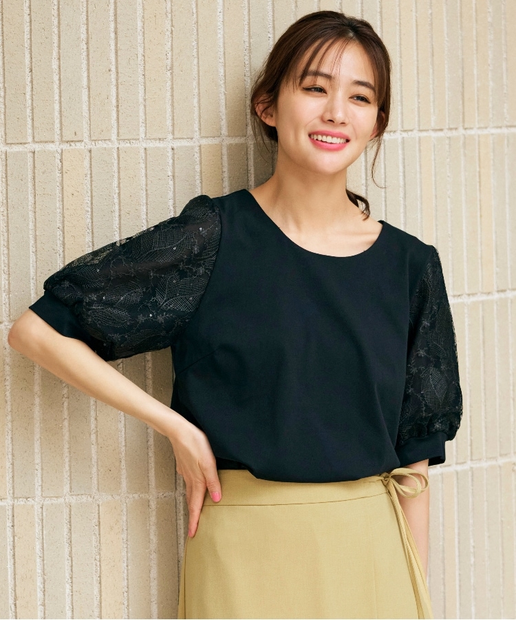 グローブ(grove)の【UVカット/接触冷感】スパンコールチュール刺繍袖プルオーバー ブラック(019)