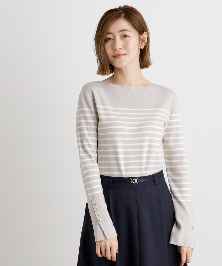 グローブ(grove)の総針袖口金ボタンニットロンT グレー×オフ(311)
