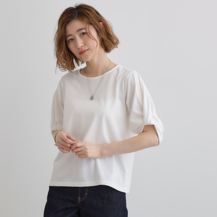グローブ(grove)の【接触冷感・UVカットetc】レース切替え袖ねじりプルオーバー カットソー