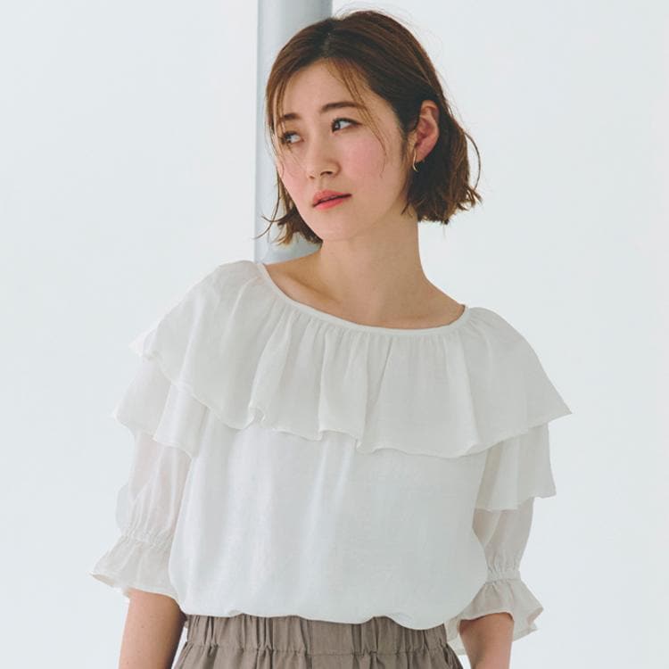 グローブ(grove)の麻調ダブルフリルブラウス シャツ・ブラウス