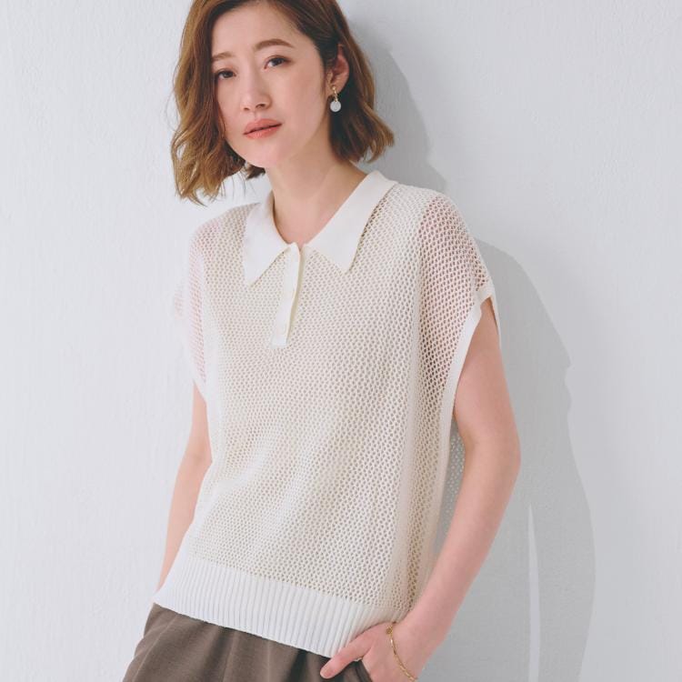 グローブ(grove)の取り入れるだけで旬顔 メッシュ編みポロニット ニット/セーター