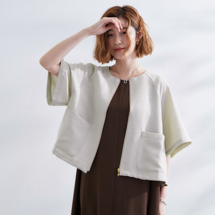 グローブ(grove)の透け感と立体感で魅せる、大人の夏のメッシュワイドスリーブジャケット ノーカラージャケット